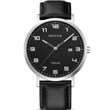 Bering 18640-402 Titanium Black Dial With Date Window Black Leather Strap Brushed Titanium Case