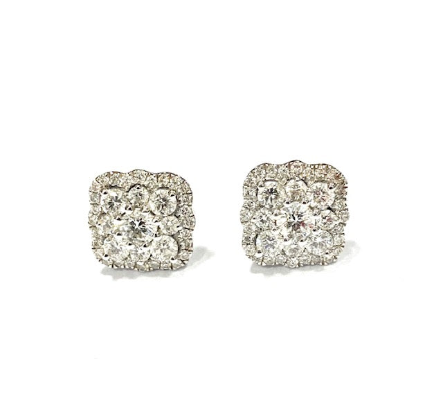 14ct White Gold Diamond Square Cluster Stud Earrings Pre-Loved