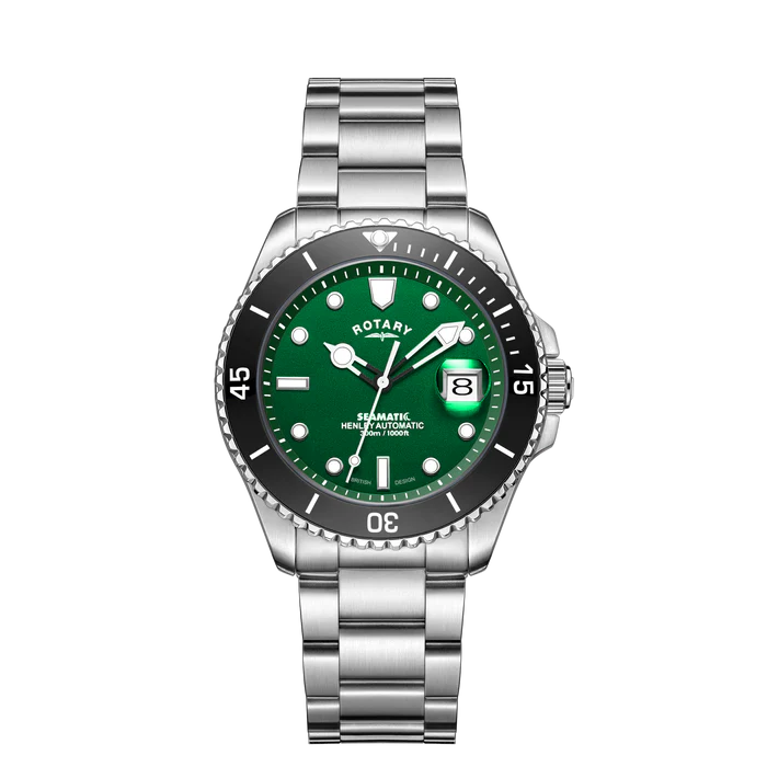 Rotary Seamatic Automatic Green Dial Stainless Steel Bracelet Watch with Date GB05430/78