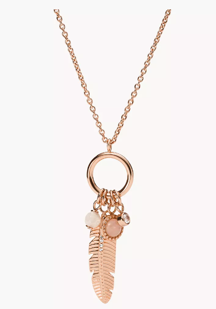 Fossil Feather Rose Quartz Rose Gold-Tone Stainless Steel Components Necklace JF03671791