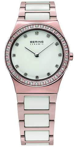 BERING White and Rose gold ceramic bracelet watch stone set 32430-761