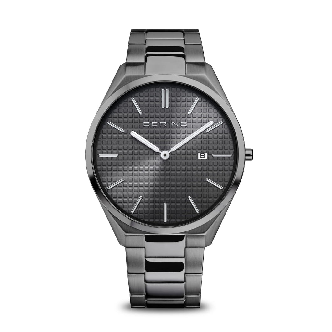 BERING Men's Grey Ion Plated Ultra Slim Bracelet Watch with date Ref 17240-777