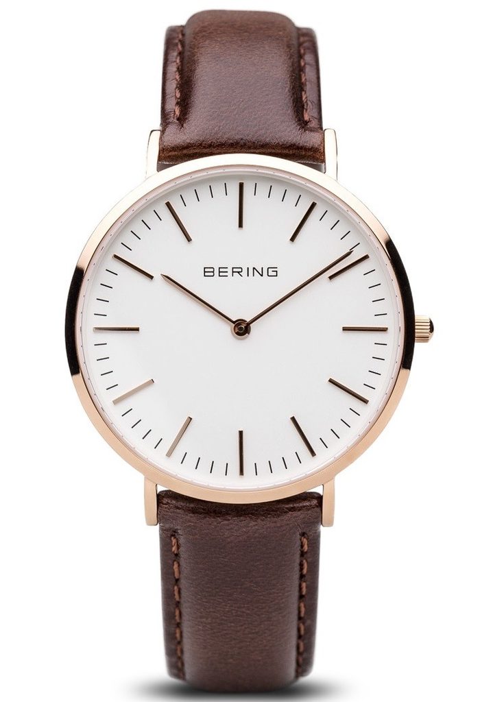 BERING Classic Rose gold plated case on Black Leather strap Watch 13738-564
