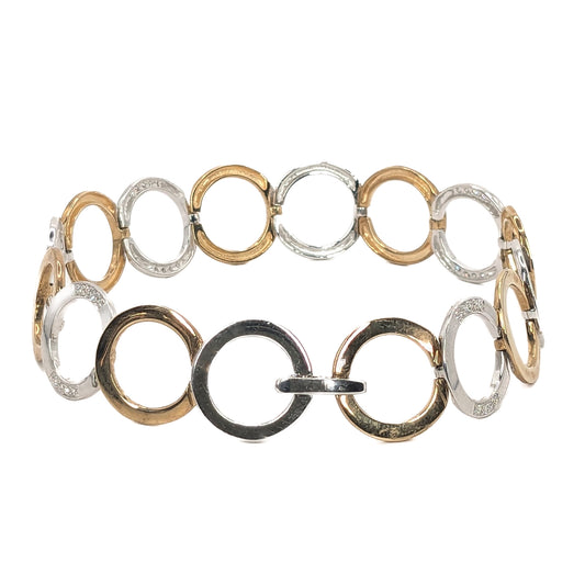 9ct Yellow & White Gold, Two-tone, Diamond-Set, Round Hoop, Hinged Link Bracelet 7.5" with Hinge Clasp