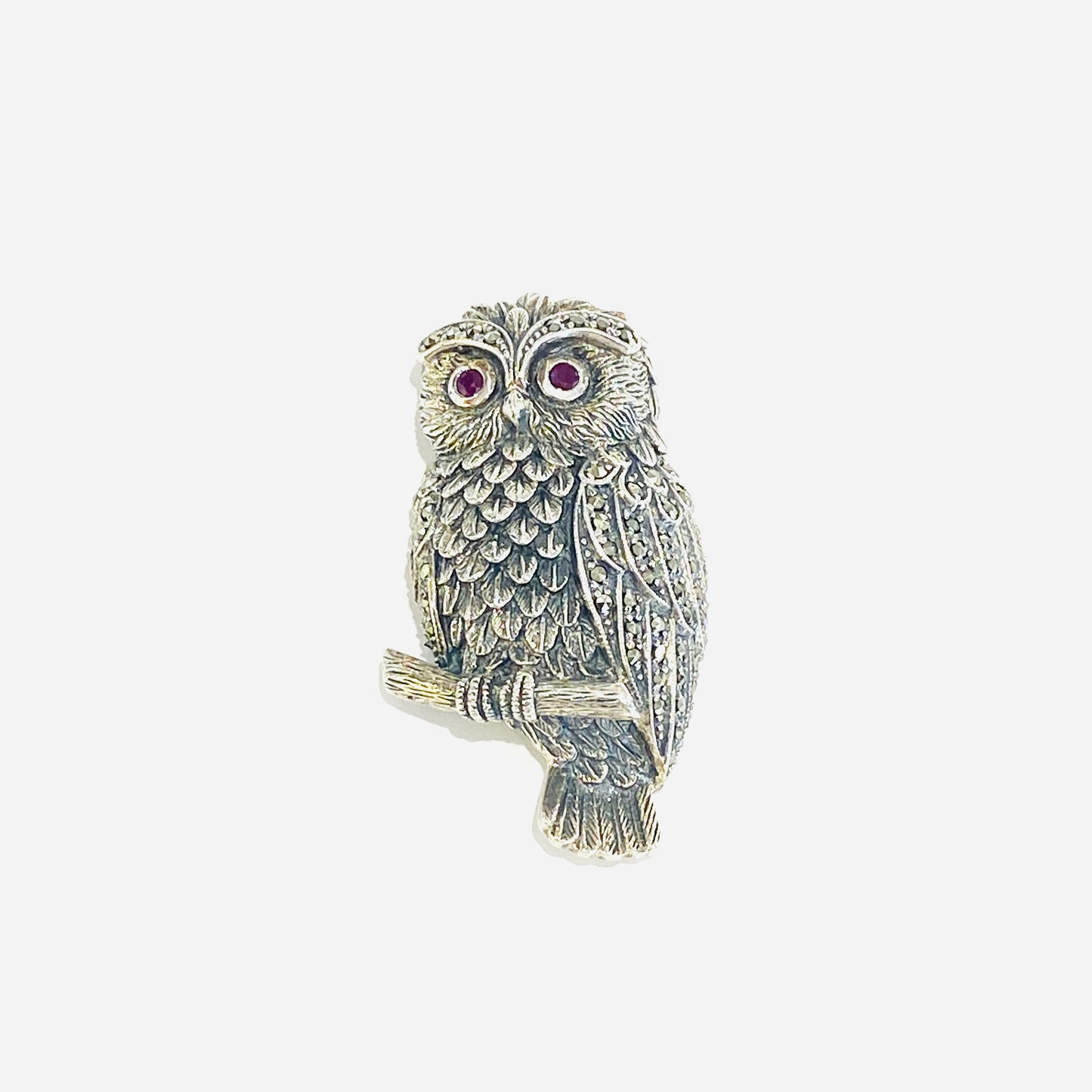 Sterling Silver Ruby & Marcasite Set Owl Brooch