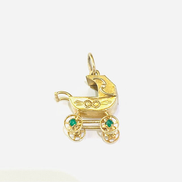 9ct Yellow Gold Pram Charm Pendant with Green Stone Wheel Hubs Pre Loved
