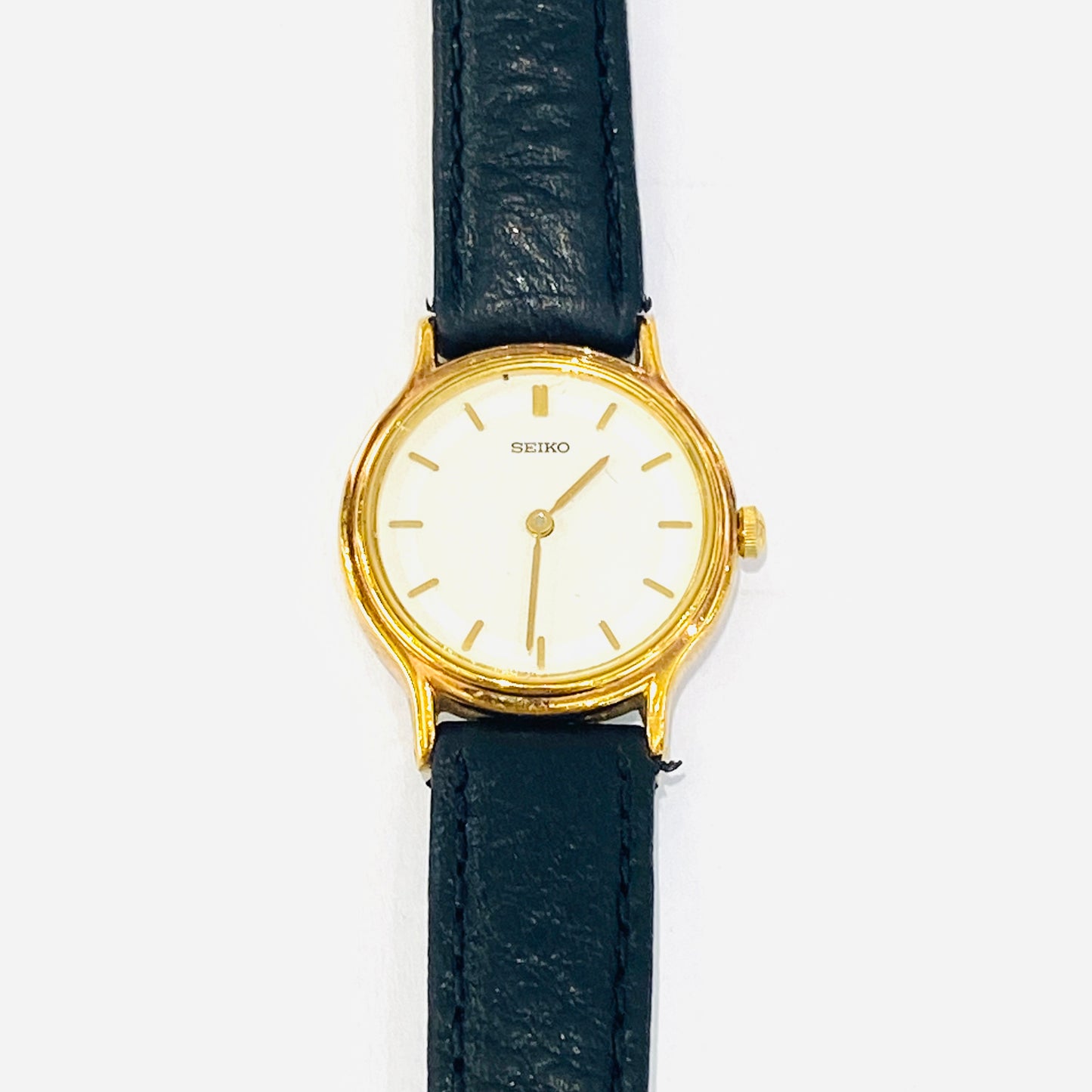 Seiko Gold Plated on Stainless Steel Watch with Black Leather Strap Pre Loved