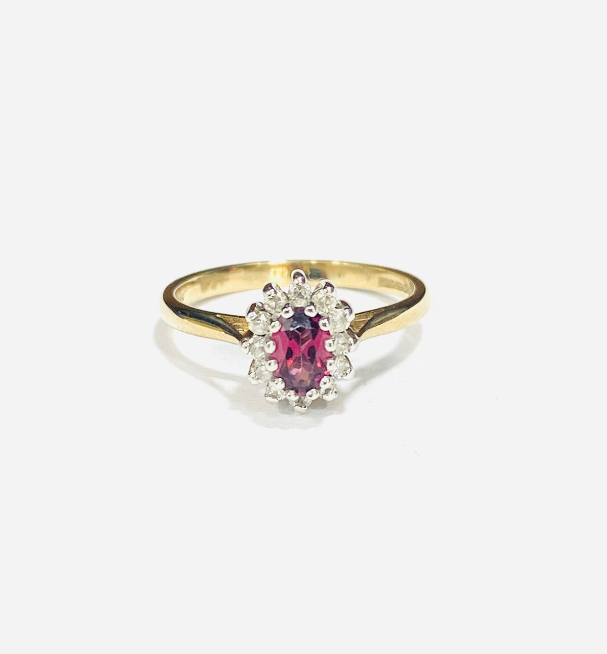 9ct Yellow Gold Rhodalite Garnet & Diamond Cluster Ring