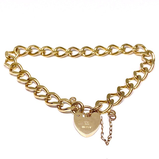 9ct Yellow Gold Charm bracelet with Padlock and safety chain Pre-Loved