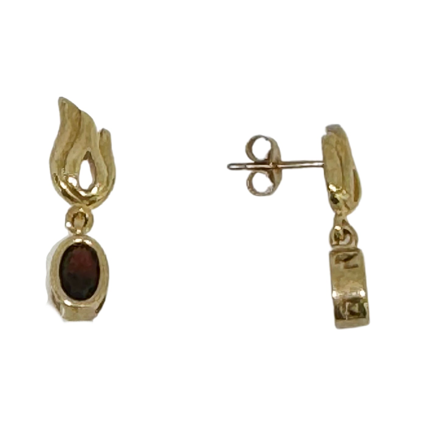 9ct Yellow Gold Tulip Flowers with Oval Garnet Drop Style Stud Earrings Pre-Loved