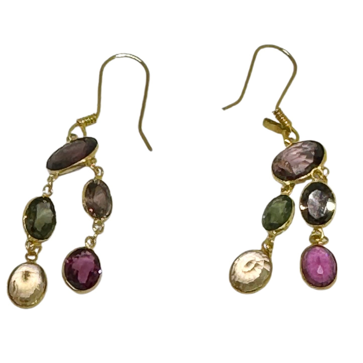 14ct Yellow Gold Dangle Drop Earrings With Multi-Coloured Oval Stones Pre Loved