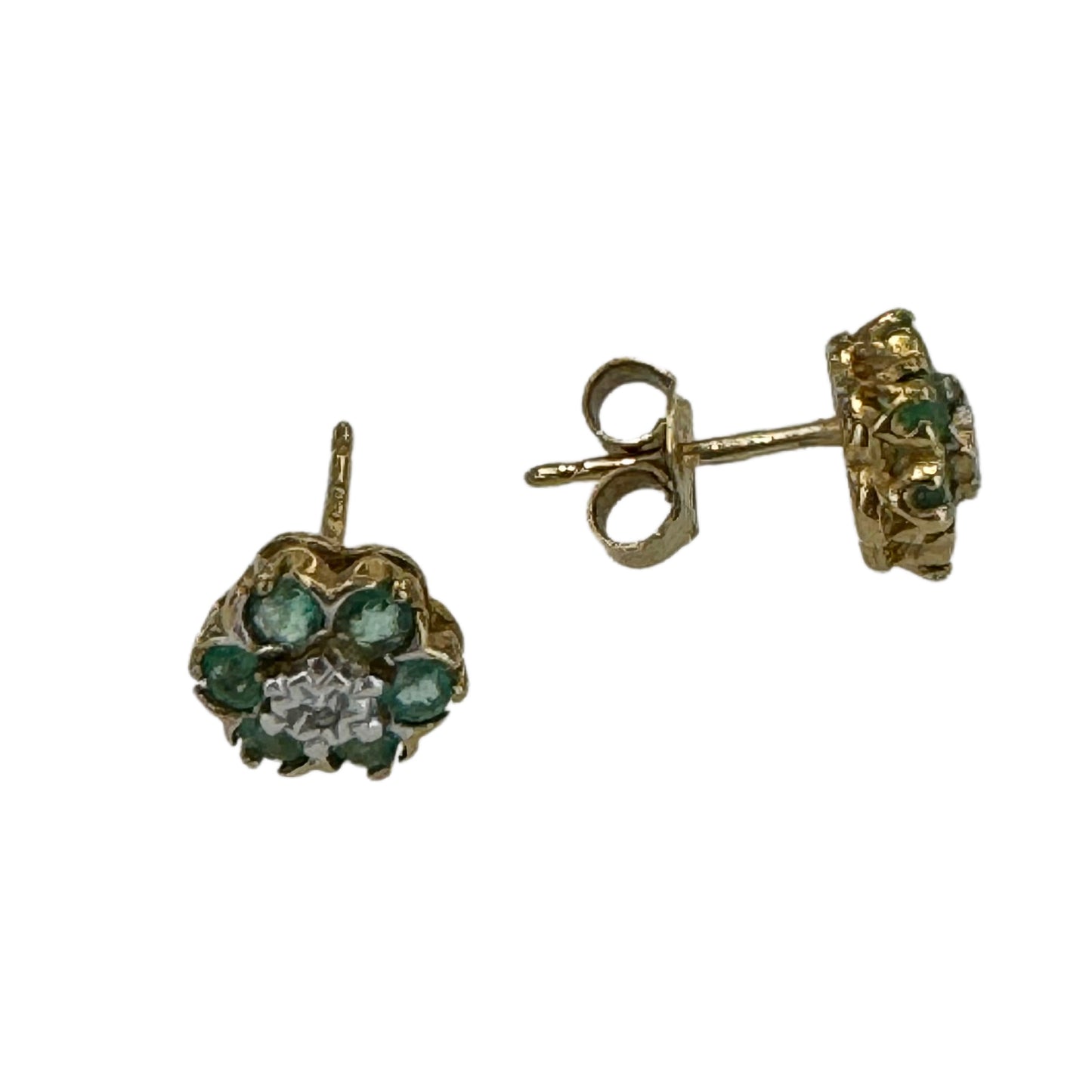 9ct Yellow Gold Flower Cluster Emerald and Diamond Stud Earrings Pre-Loved Ref PLE23