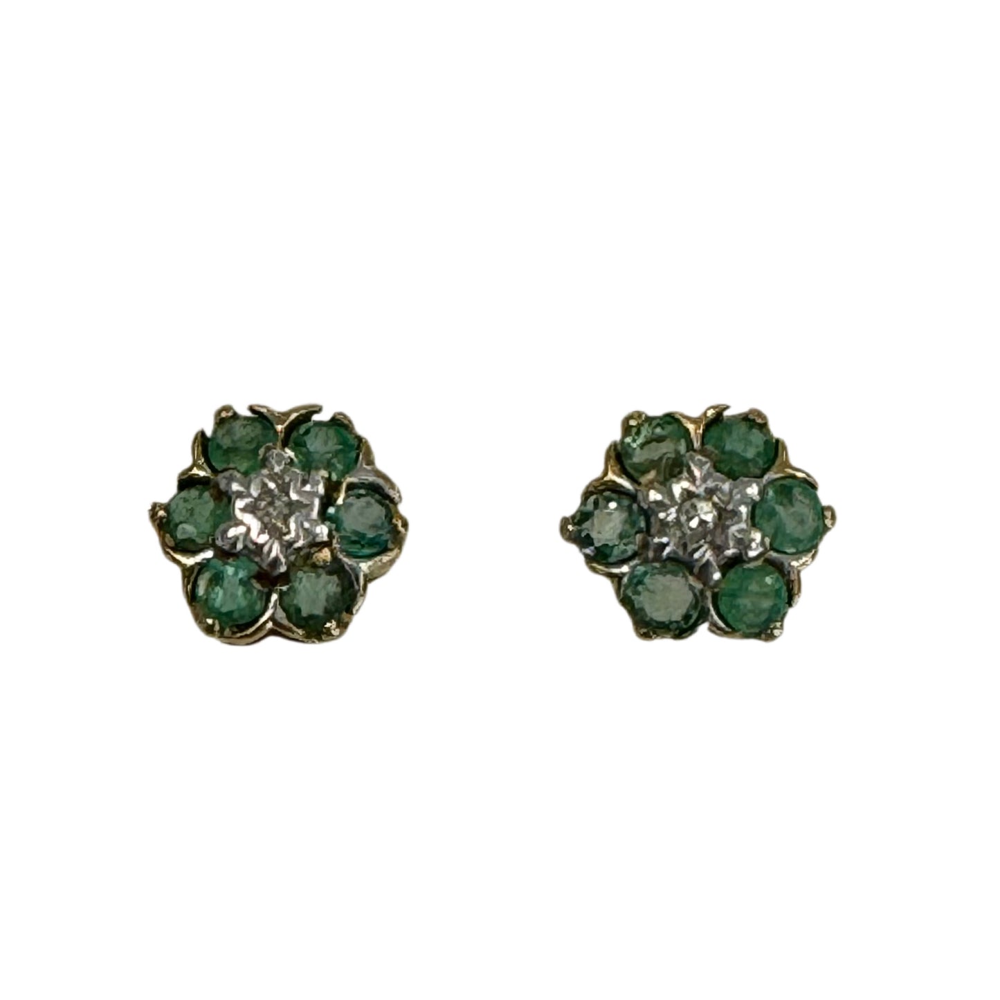 9ct Yellow Gold Flower Cluster Emerald and Diamond Stud Earrings Pre-Loved Ref PLE23