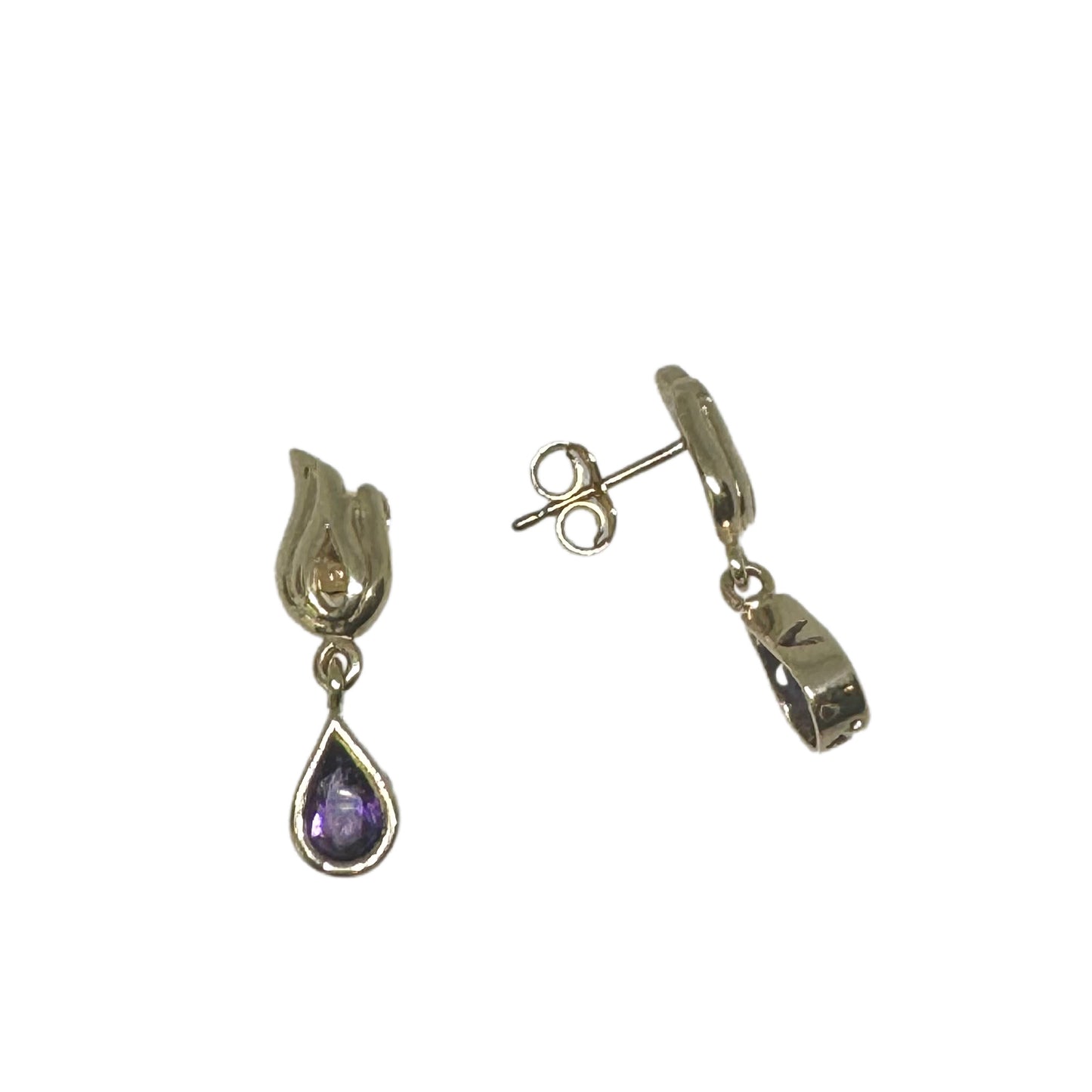 9ct Yellow Gold Tulip Flowers with Pear Drop Amethyst Drop Style Stud Earrings Pre-Loved