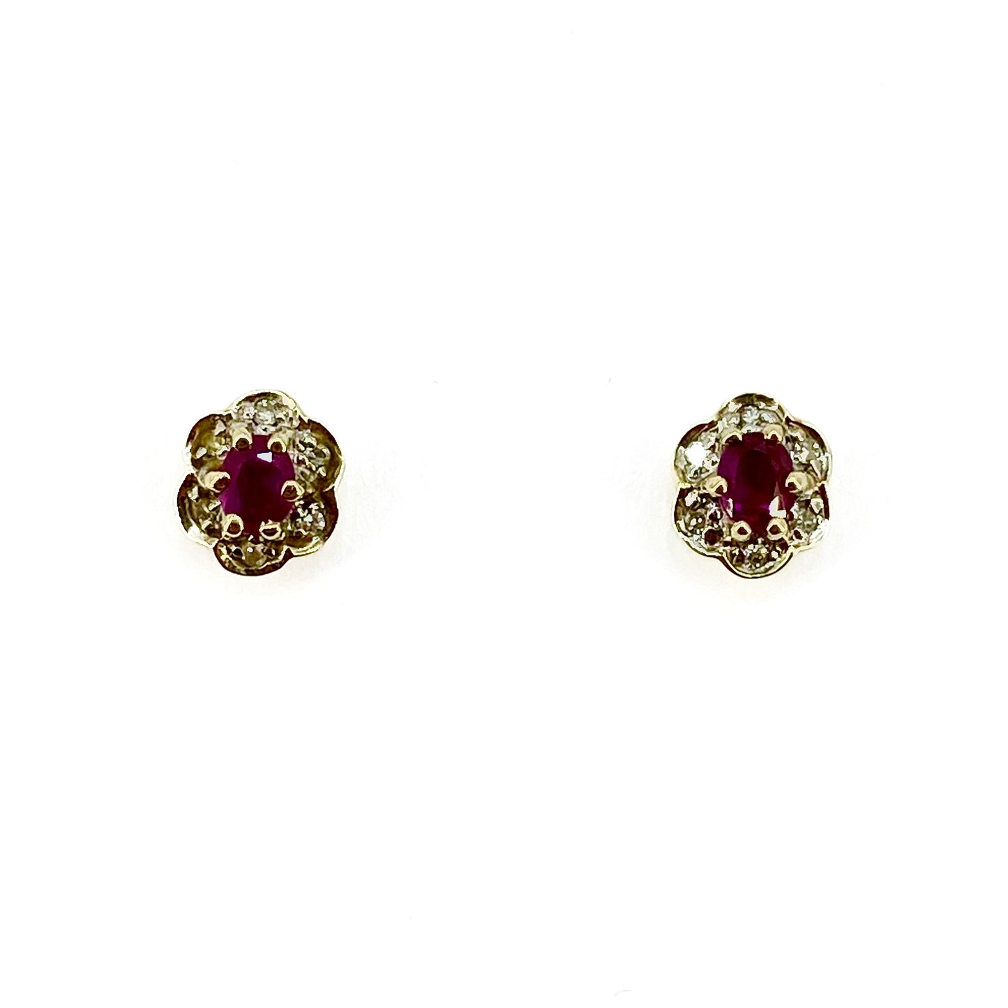 9ct Yellow Gold Ruby and Diamonds Cluster Stud Earrings Pre-Loved