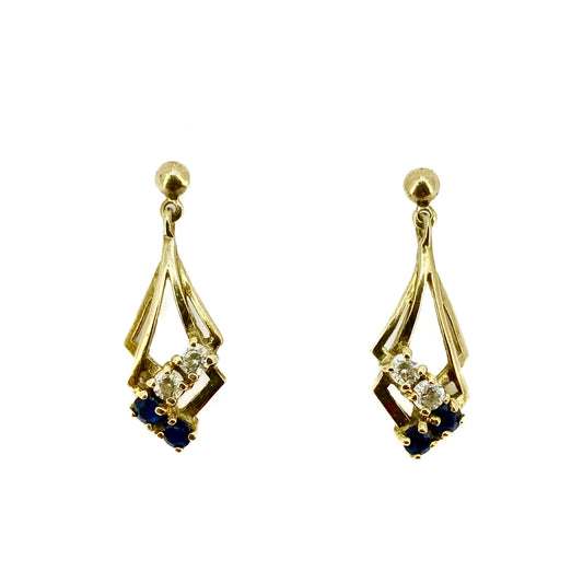 9ct Yellow Gold  Sapphire and CZ Set Drop Earrings Pre Loved