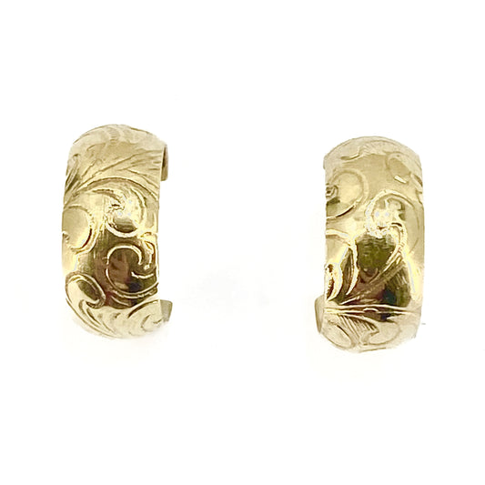 9ct Yellow Gold Patterned Half Hoop Stud Earrings Pre Loved