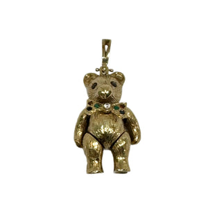 9ct Yellow Gold Moveable Teddy Bear Pendant With Stone Set Eyes and Bow Tie Pre Loved