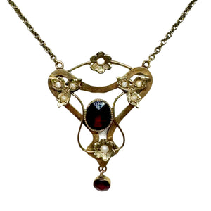9ct Yellow Gold Garnet and Seed Pearl Set Vintage Look Pendant And Chain Pre Loved
