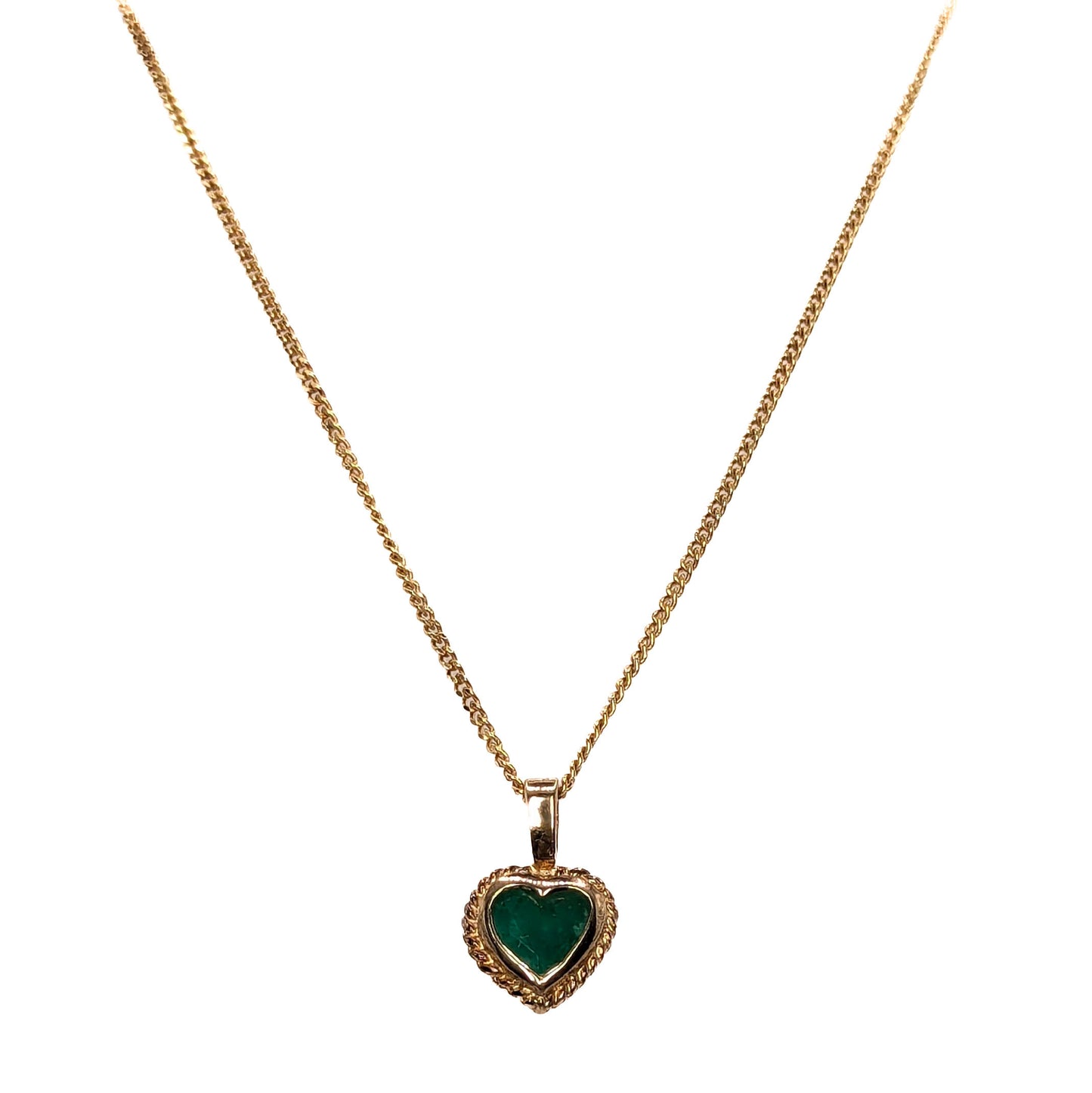 9ct Yellow Gold Green Stone Set Heart Pendant on Chain Pre Loved