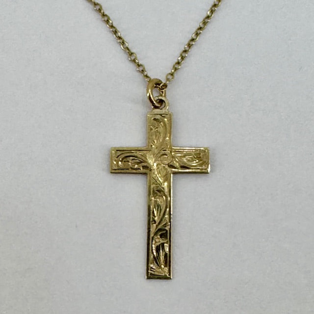 9ct Yellow Gold Engraved Cross Pendant on Chain Pre Loved