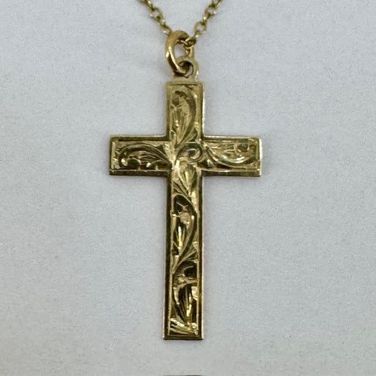 9ct Yellow Gold Engraved Cross Pendant on Chain Pre Loved