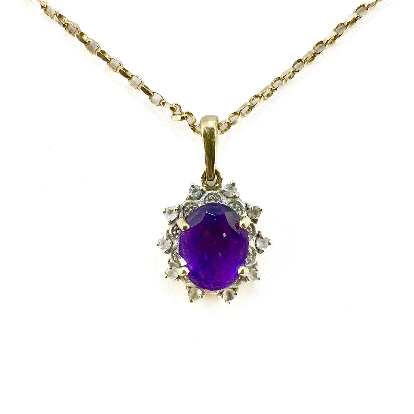 9ct Yellow Gold Amethyst and CZ Set Cluster Pendant On Belcher Chain Pre Loved