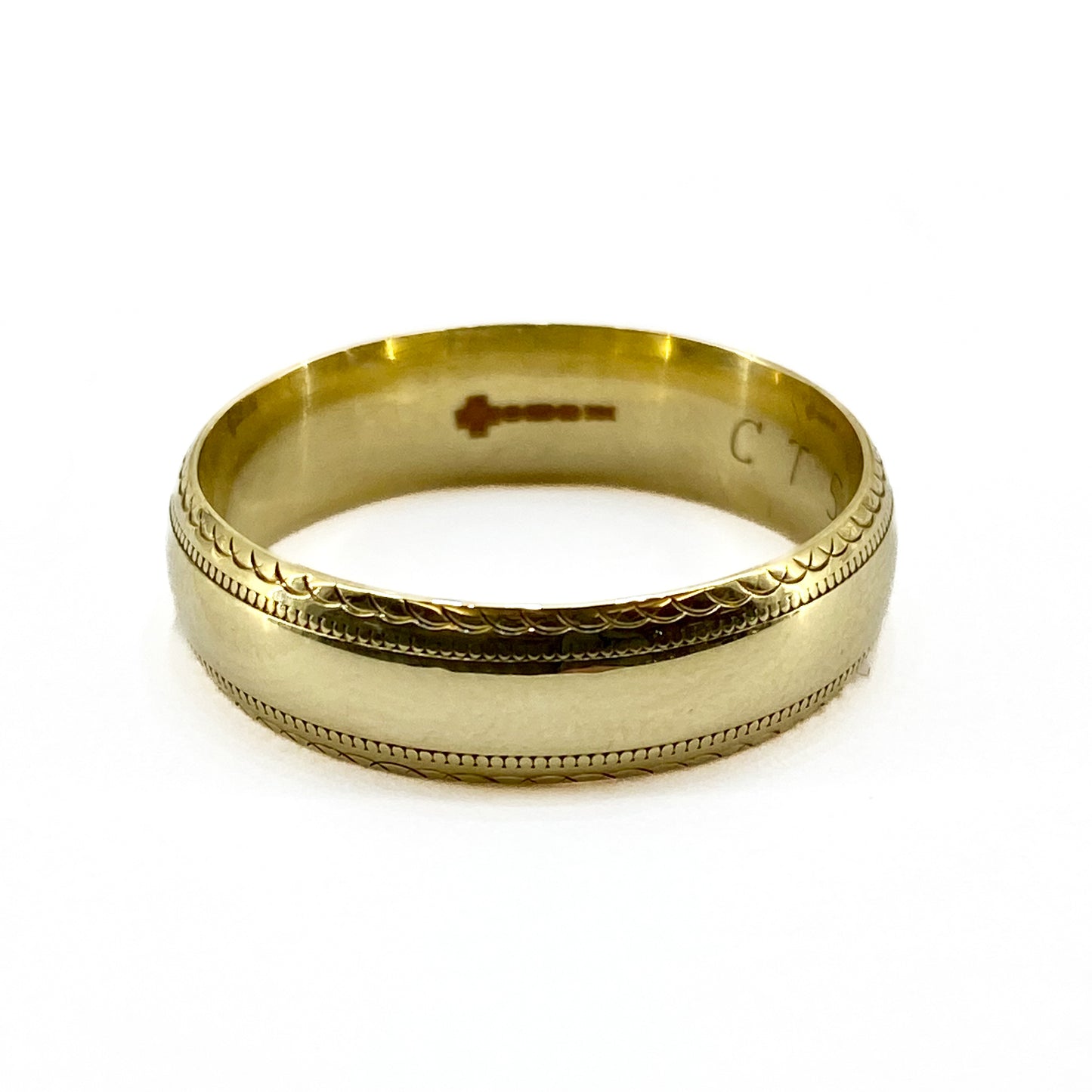 9ct Yellow Gold Patterned Edge Wedding Ring 6mm Pre Loved