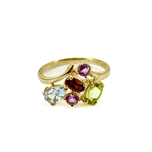 9ct Yellow Gold Multi-Coloured 5 Stone Ring Pre Loved