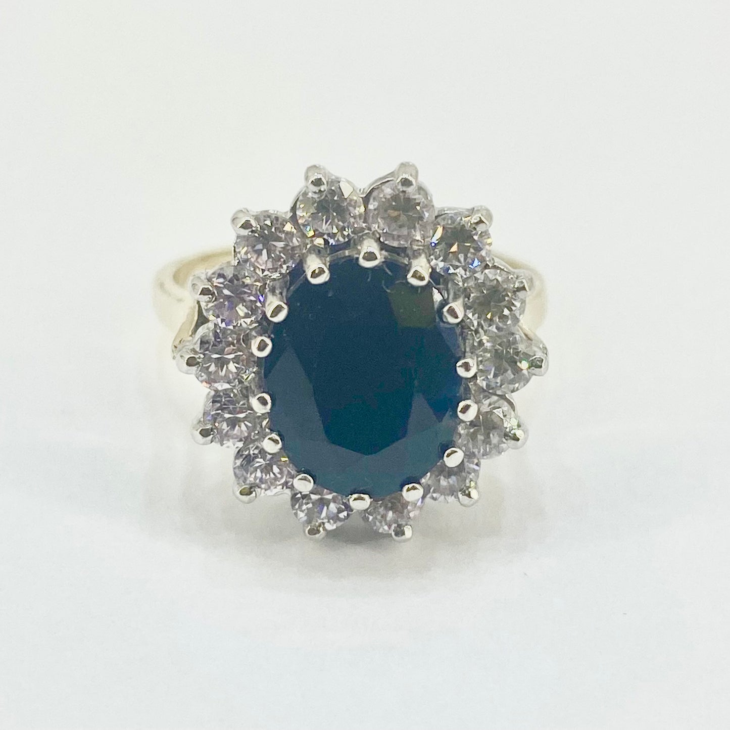 9ct Yellow Gold CZ and Sapphire Cluster Ring Pre Loved
