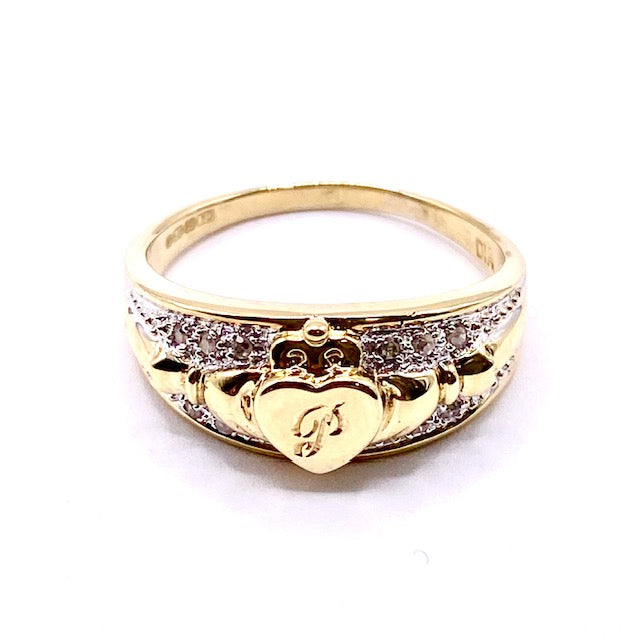 9ct Yellow Gold Diamond Set Initial 'P' Claddagh Ring Pre Loved