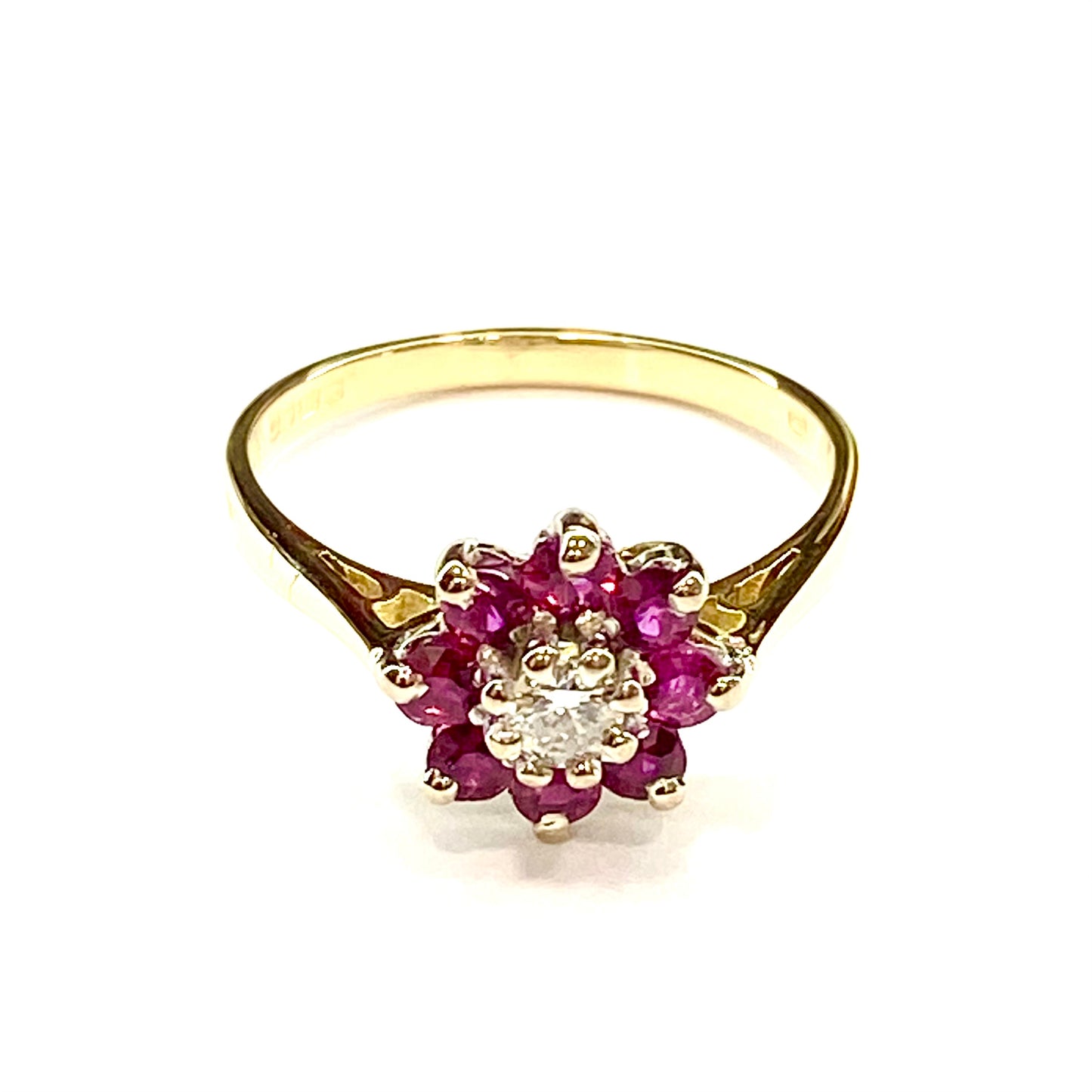 18ct Yellow Gold Ruby and Diamond Cluster Ring Pre Loved