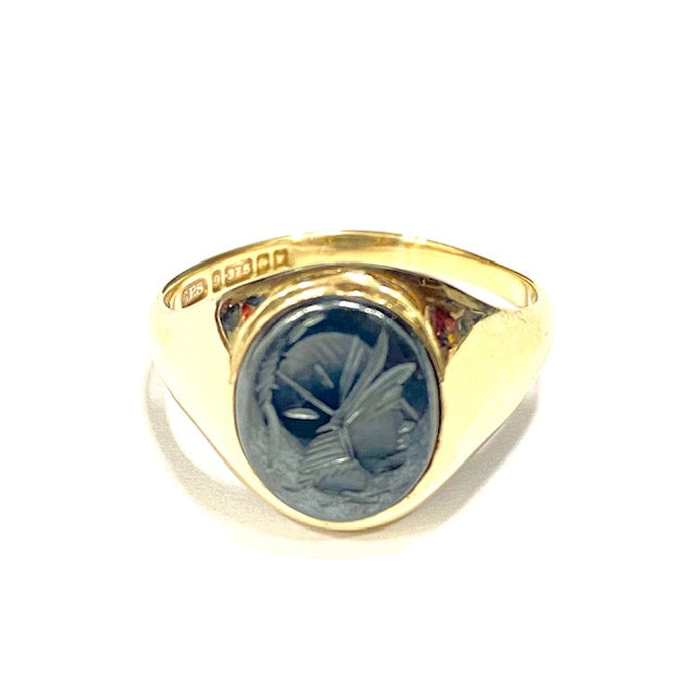 9ct Yellow Gold Hematite Centurion Set Oval Signet Ring Pre Loved