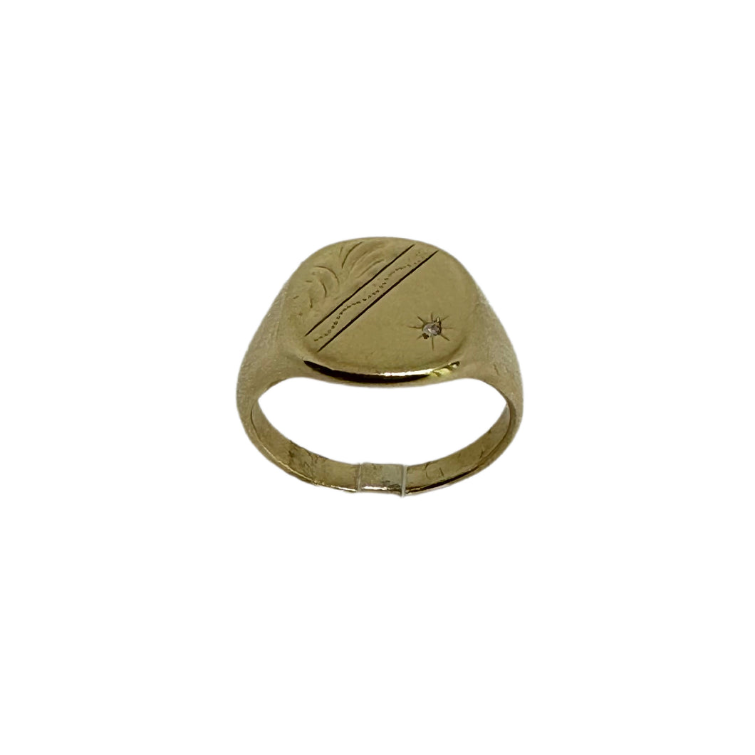9ct Yellow Gold Diamond Set Cushion Shape Signet Ring  - Pre-Loved