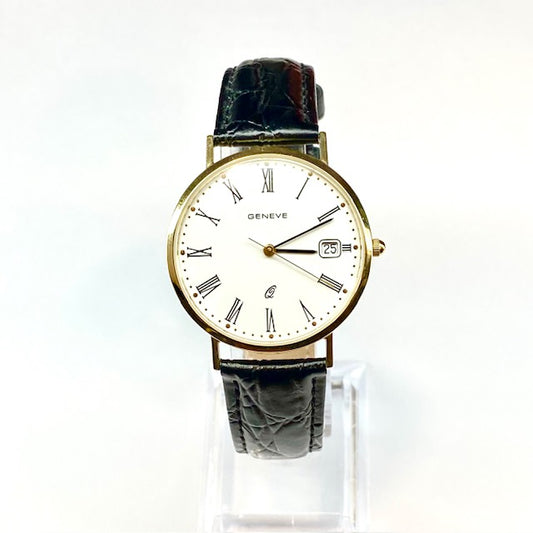 Geneve Gents 9ct Gold Watch on Black Leather Strap Pre Loved