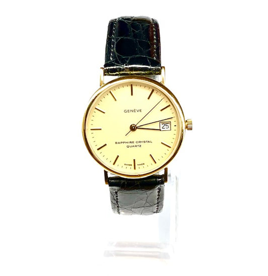 Geneve Gents 18ct Gold Watch on Black Leather Strap Pre Loved
