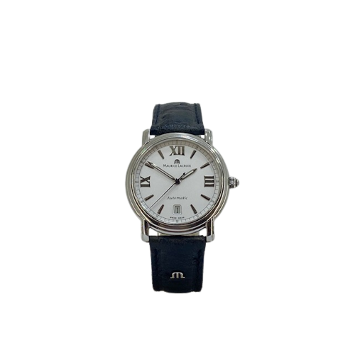 Maurice Lacroix Pontos Gents Stainless Steel Automatic Roman numeral Silver Dial Watch with Date on Leather Ostrich Strap PT5017-SS001-111