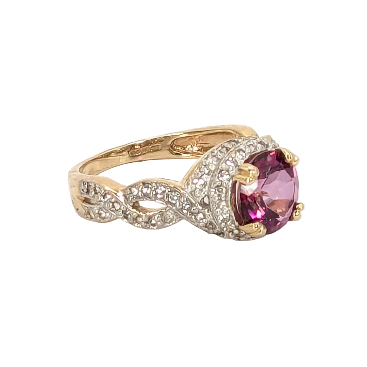 9ct Yellow Gold Pink Stone and CZ's Set Ring Pre Loved