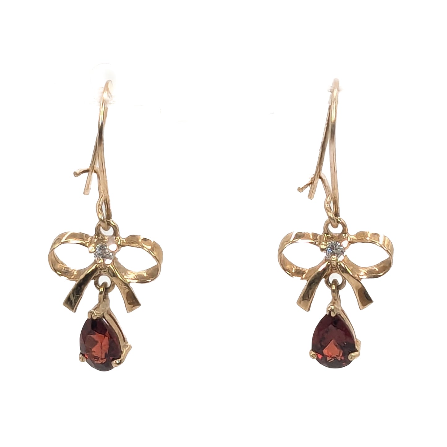 Yellow Gold Garnet and CZ Set Bow Drop Earrings Pre Loved