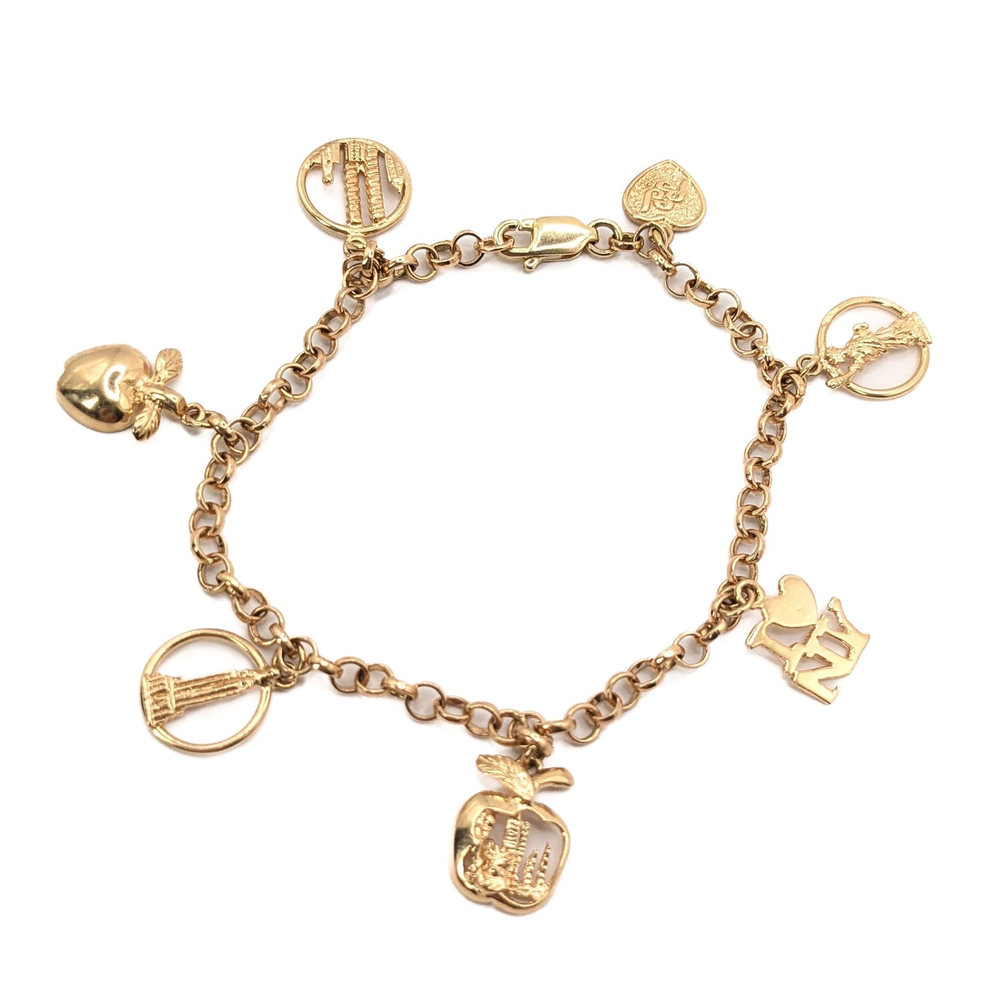 9ct Yellow Gold Charm Bracelet With 7 New York Charms Pre Loved