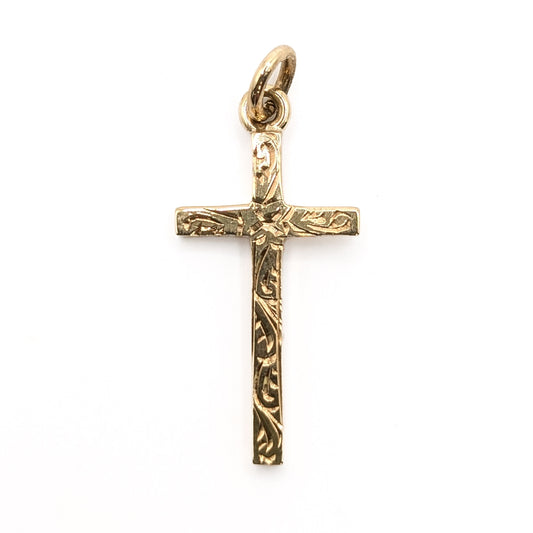 9ct Yellow Gold Engraved Patterned Cross Pendant Pre Loved