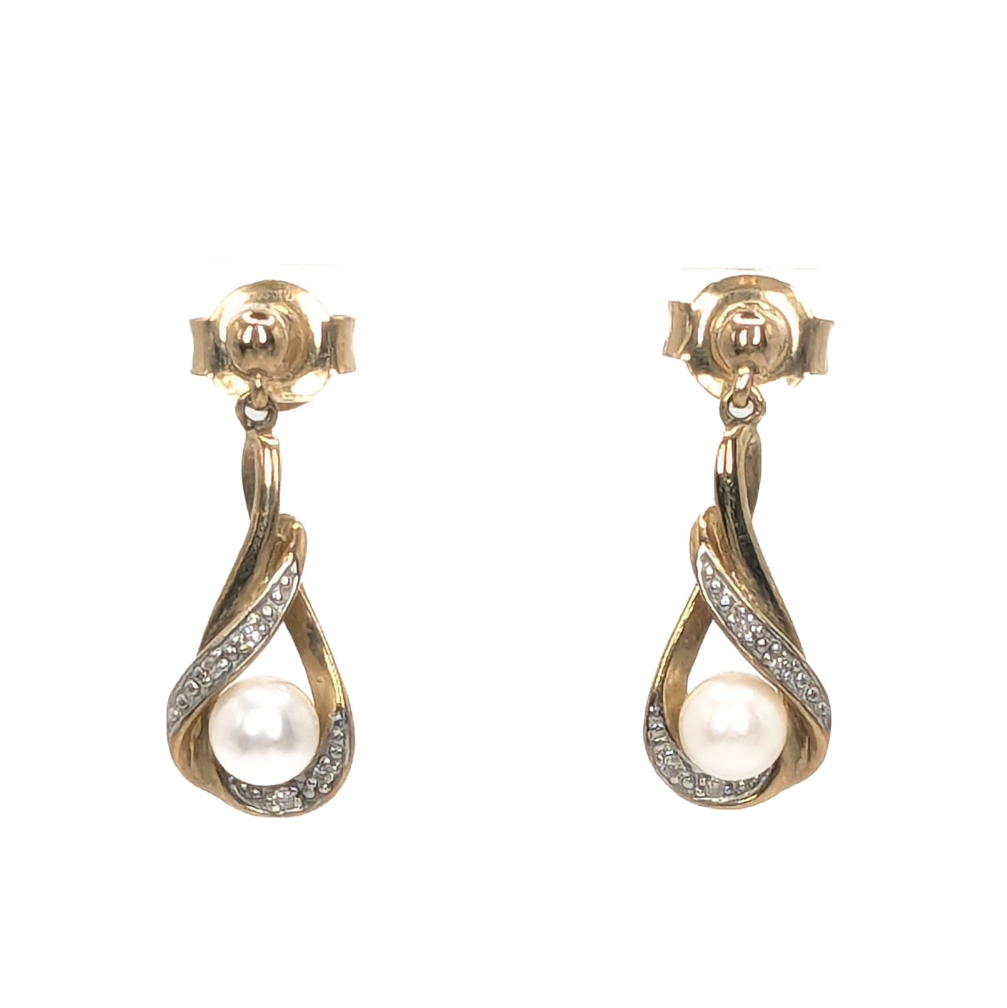 9ct Yellow Gold Pearl and Diamonds Set Drop Earrings
