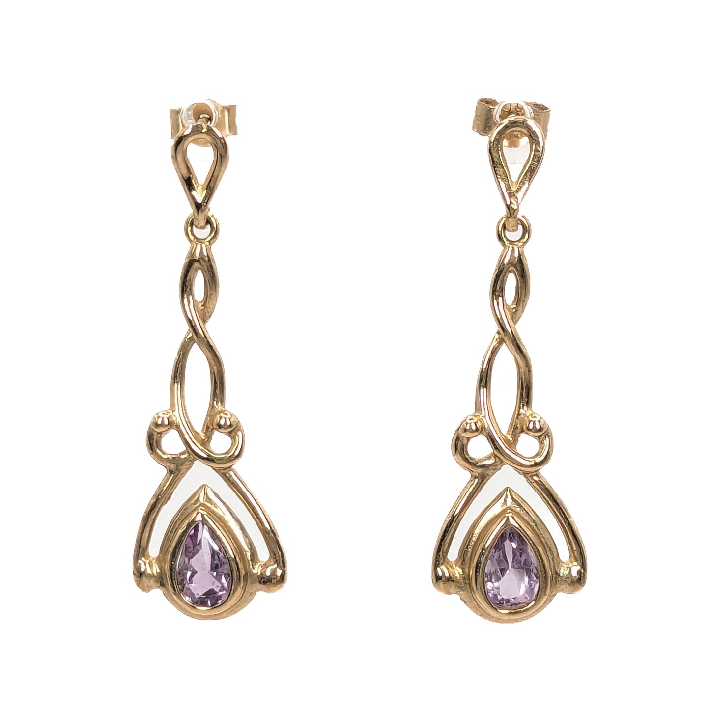 9ct Yellow Gold Amethyst Set Drop Earrings Pre Loved