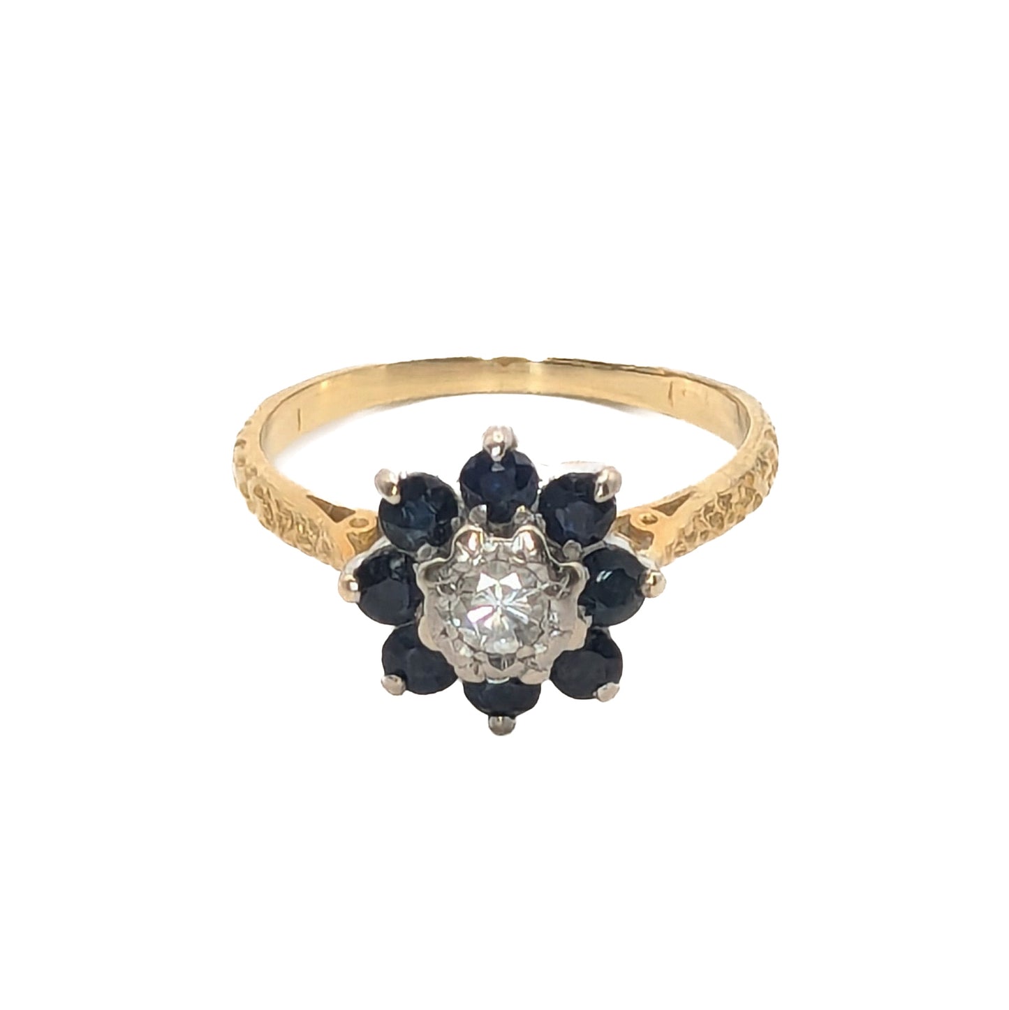 18ct Yellow Gold Sapphire and Diamond Cluster Ring Pre Loved