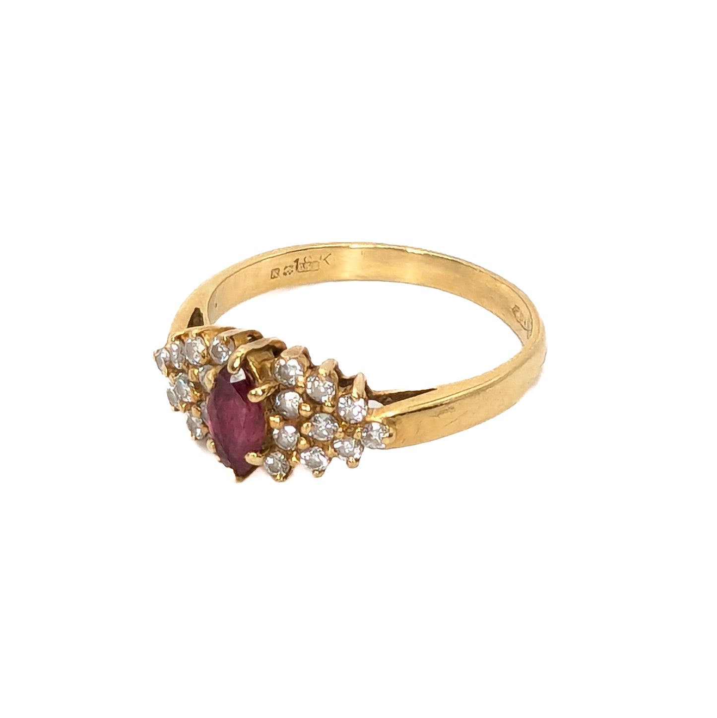 18ct Yellow Gold Ruby & Diamond Boat Ring - Pre-Loved