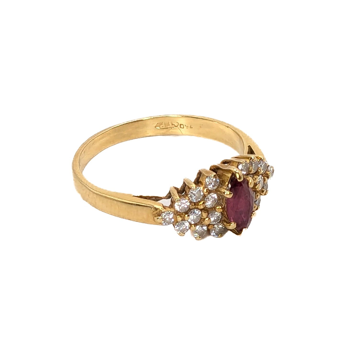 18ct Yellow Gold Ruby & Diamond Boat Ring - Pre-Loved