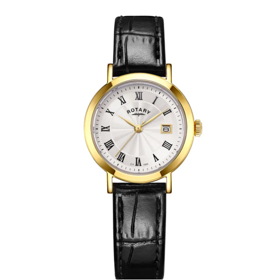 Rotary Gold Plated Stainless Steel Heritage Watch on Black Leather Strap