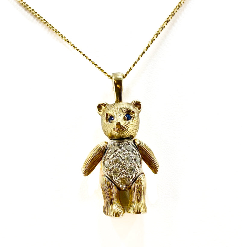 9ct Yellow Gold Moveable Teddy Bear Pendant With Stone Set Eyes and Tummy Pre Loved