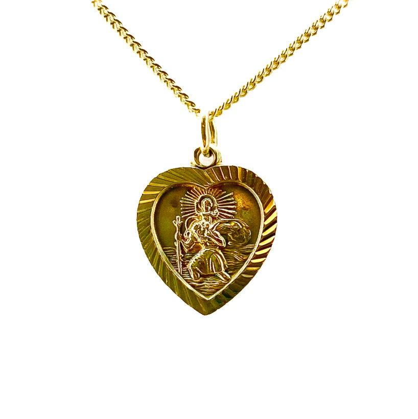 9ct Yellow Gold St Christopher Small Heart Shape Pendant Pre Loved
