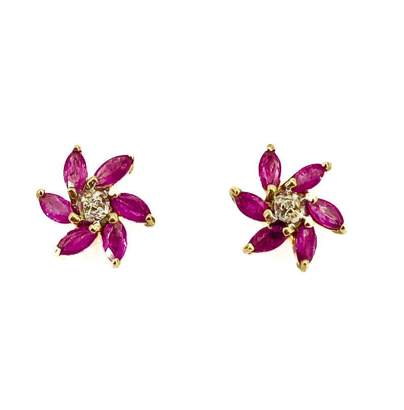 PLE03 9ct Yellow Gold Flower Cluster Ruby and Diamond Stud Earrings Pre-Loved